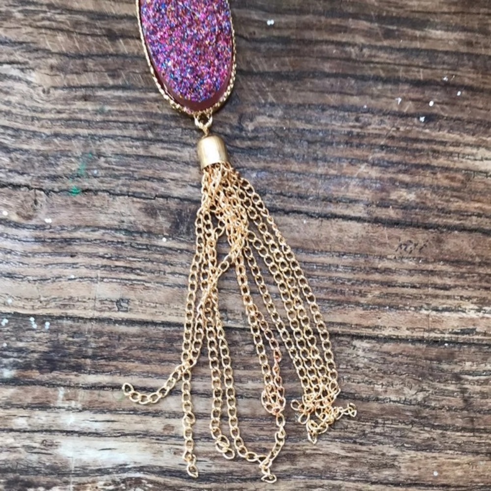 New! Purple Druzy Stone Tassel Necklace - Picture 3 of 8